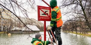 На Патриарших прудах заменят летние знаки безопасности на зимние. Фото: сайт мэра Москвы